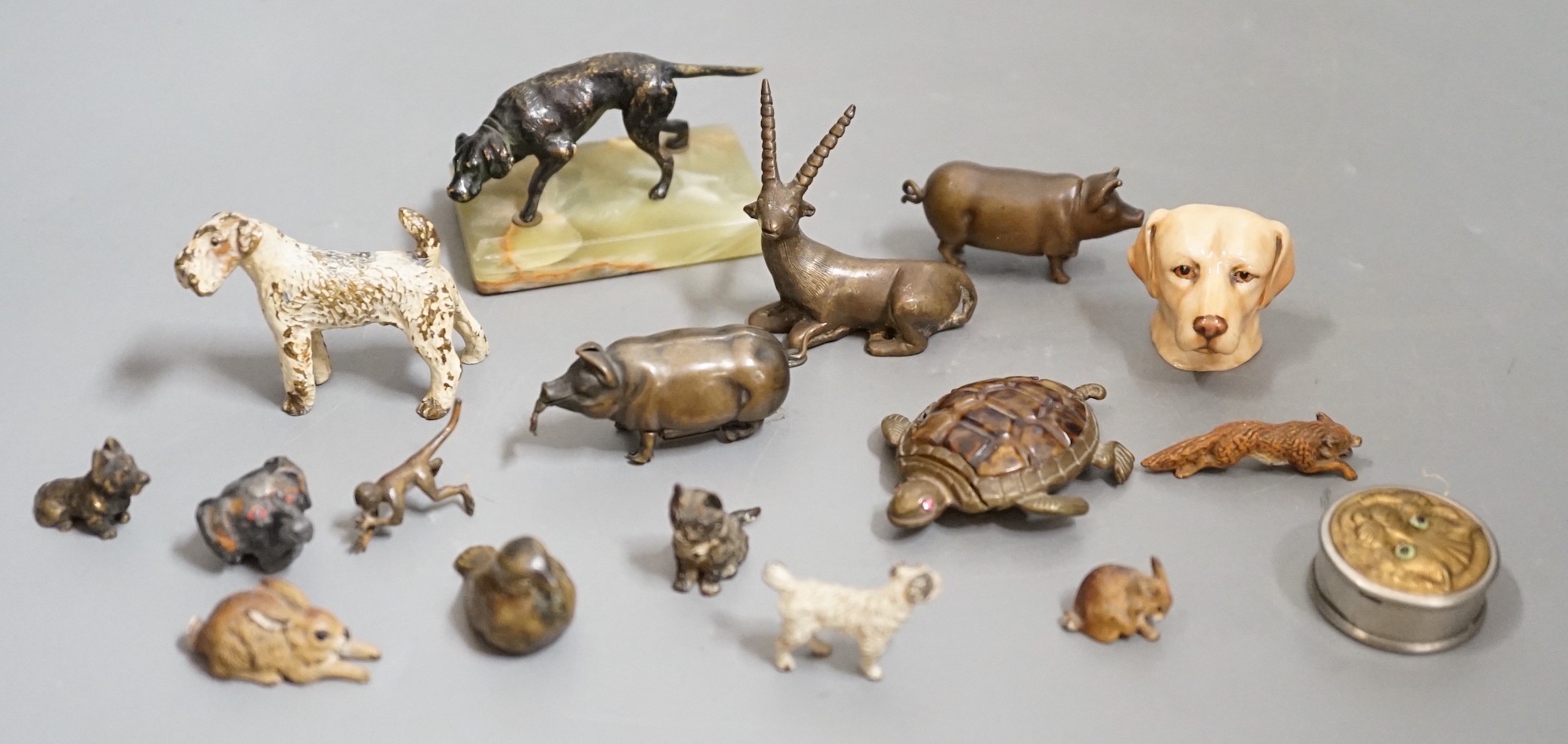 A quantity of animal related collectables including cold painted bronzes, a ‘pig’ tape measure and vesta etc.
